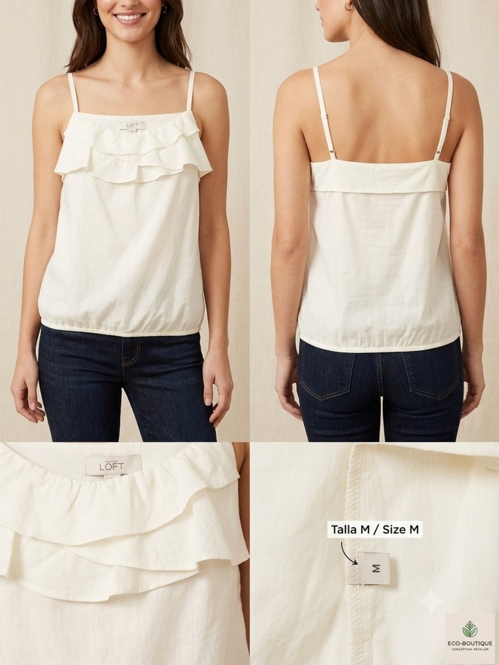 LOFT Cream  Solid Square Neck Ruffle Woven Cotton Spaghetti Cami Tank Top M